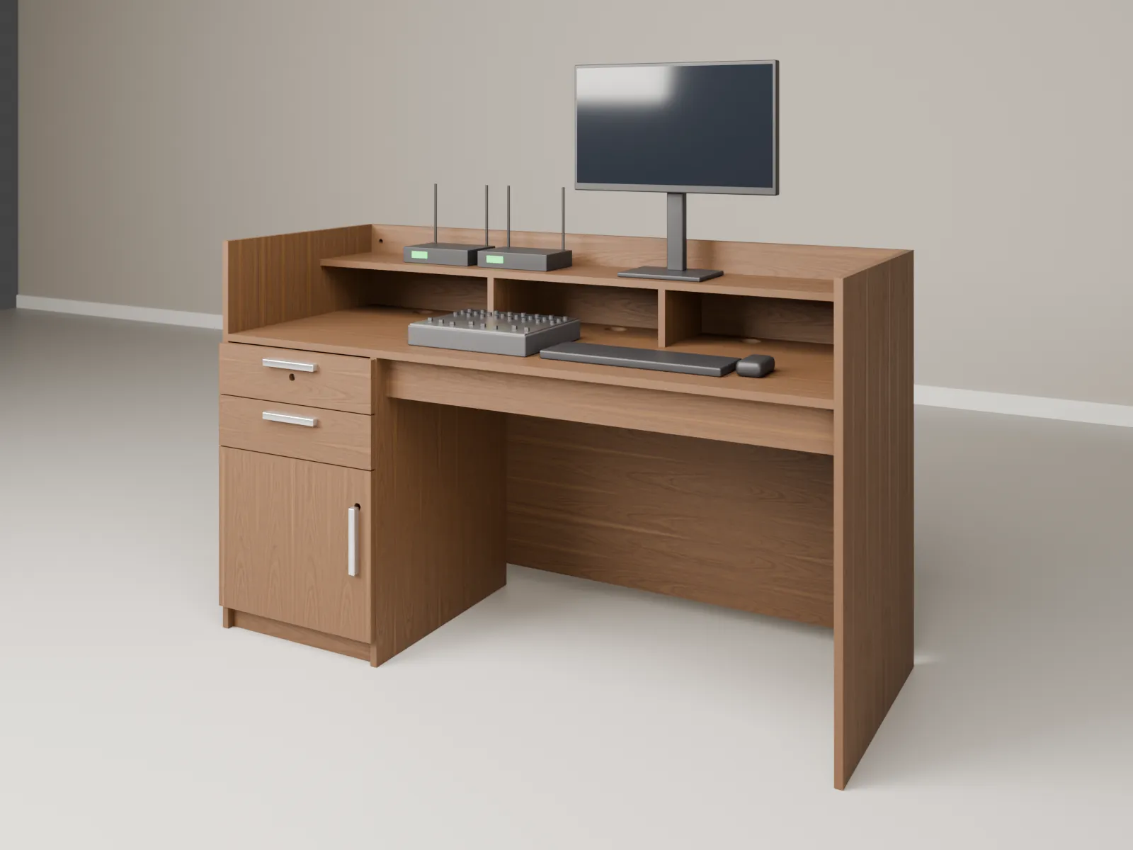 Móvel de som e vídeo para Salão do Reino em MDF nogueira, com prateleira elevada para monitor e receptores, gavetas e porta com fechadura, medida M (1600 × 650 × 1000 mm)