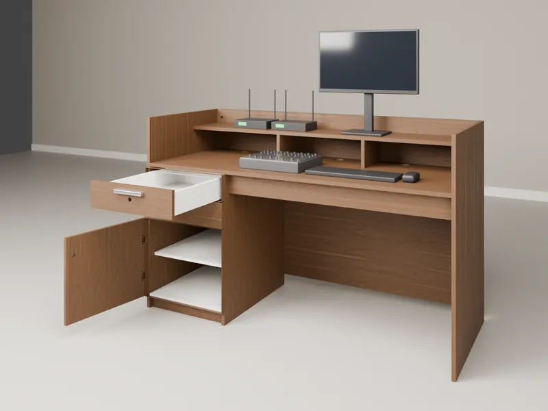 Móvel de som com a gaveta de cima e a porta do gabinete abertas, interior branco, medida M (1600 × 650 × 1000 mm)