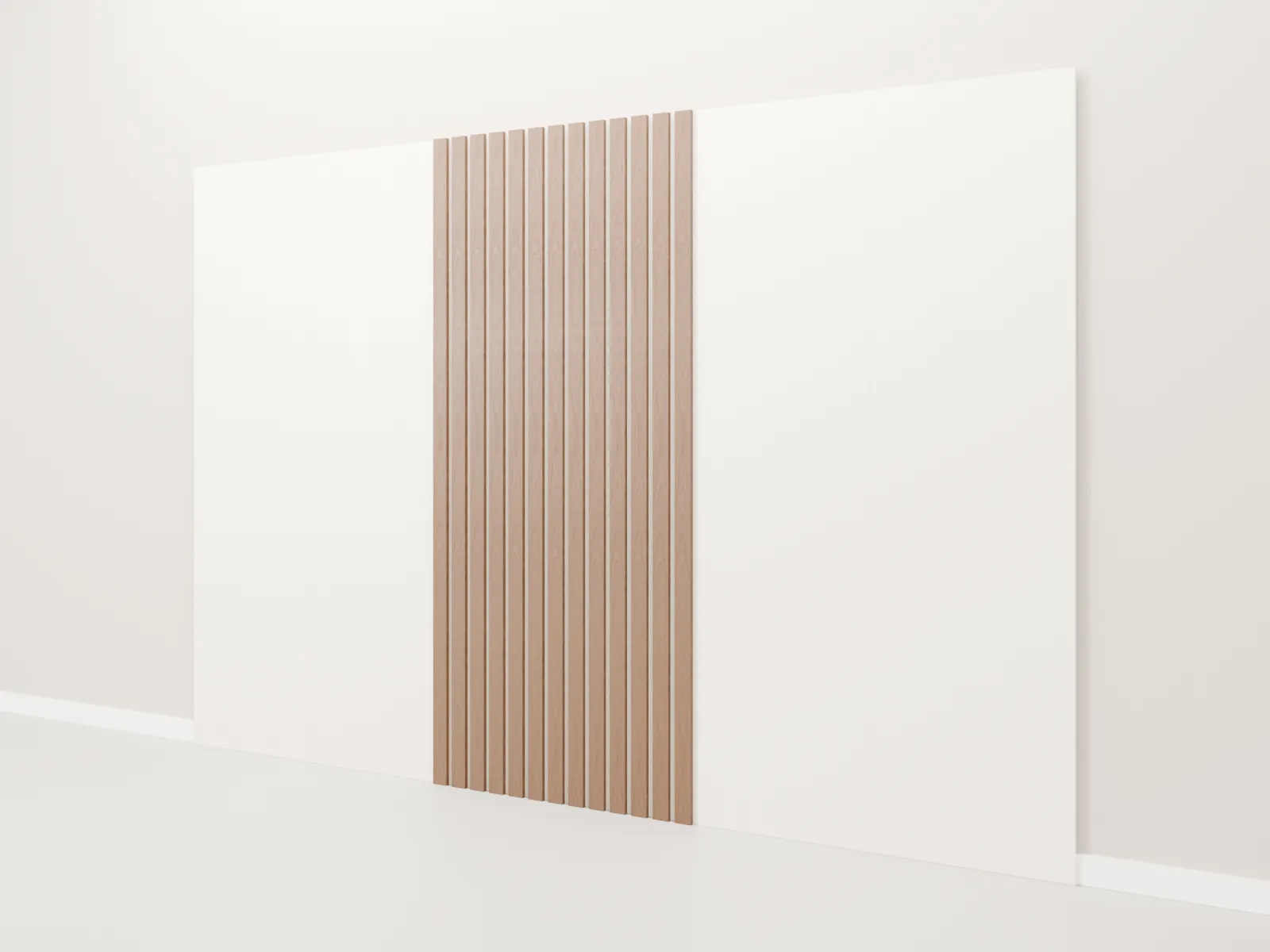 Painel de fundo de palco em módulos claros com ripado amadeirado no centro, medida M (3500 × 43 × 2400 mm)