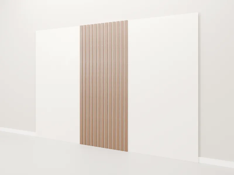 Painel de fundo de palco em módulos claros com ripado amadeirado no centro, medida M (3500 × 43 × 2400 mm)