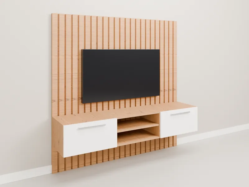 Painel de ripas amadeiradas com TV e rack suspenso de portas brancas e nicho, medida M (1800 × 451 × 1800 mm)